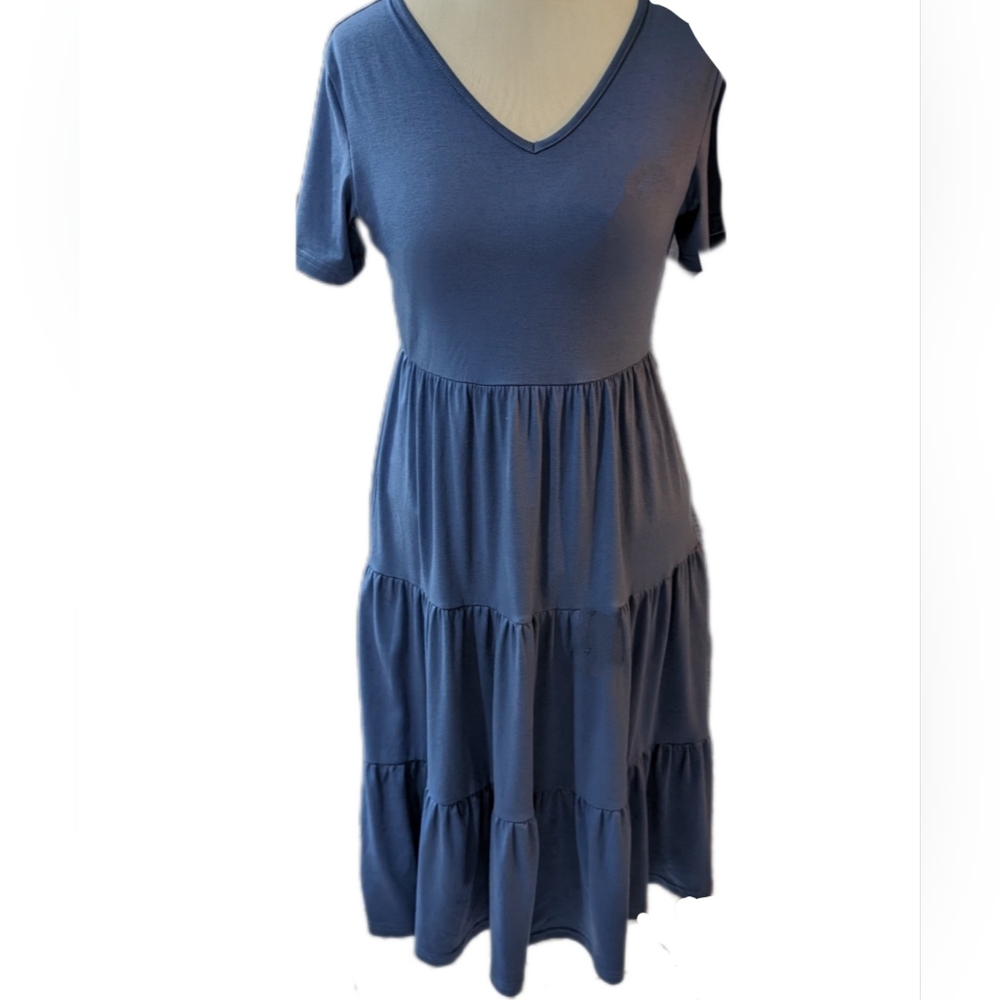 Blue Midi knit Dress V Neck Tiered Short Sleeve sz S